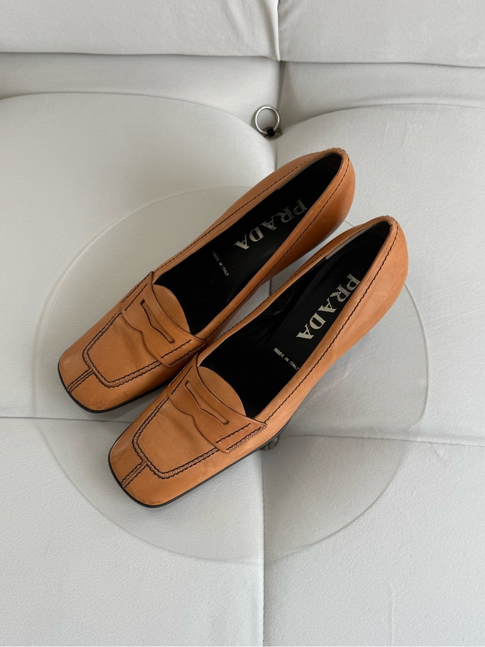 Prada Women's Tan Leather Penny Loafer Heels
